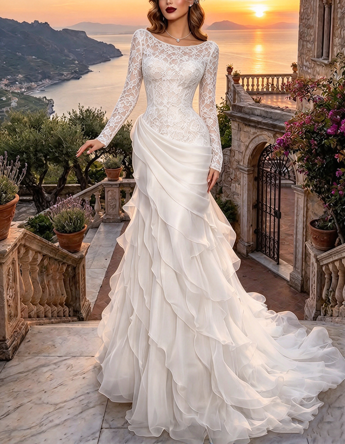 Marineblaues Spitzen- und Chiffon-Meerjungfrau-Maxikleid mit Rüschen