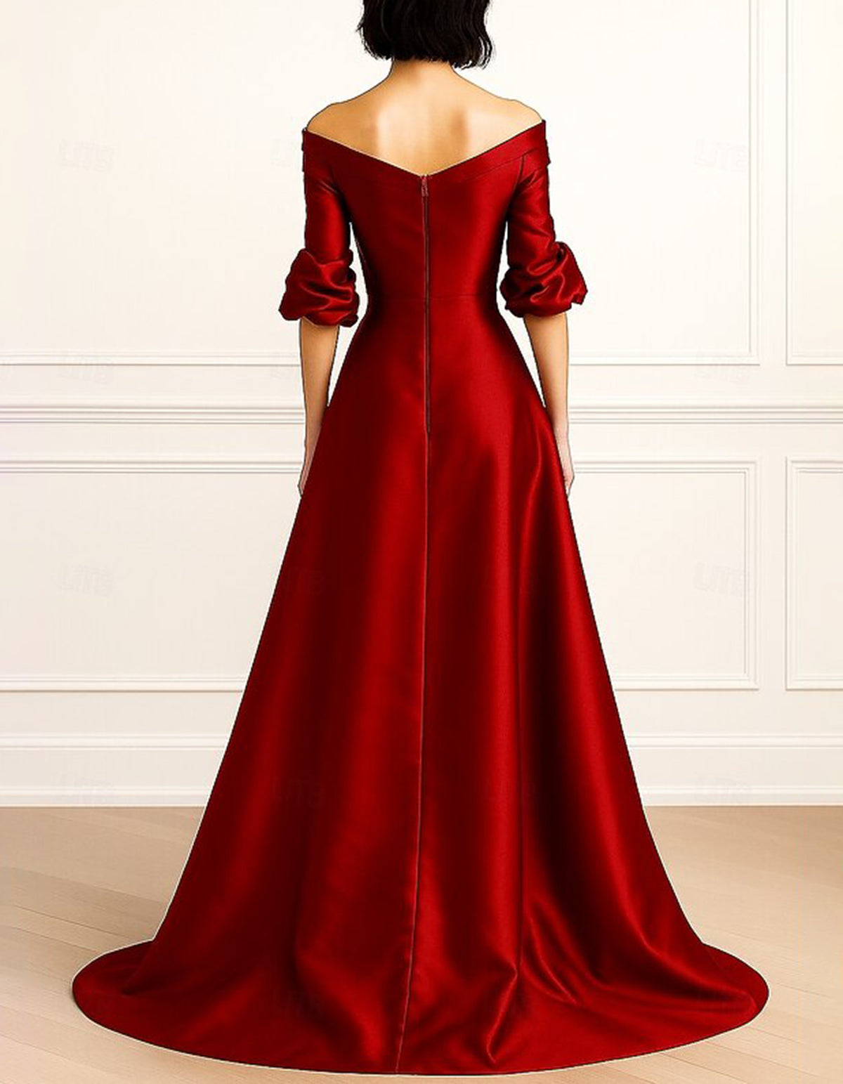 Robe longue sirène rouge en satin, à épaules dénudées et manches bouffantes aux coudes