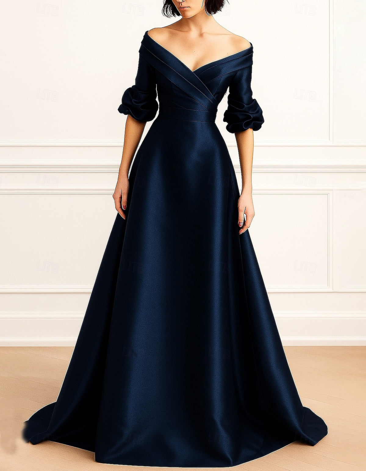 Robe longue sirène rouge en satin, à épaules dénudées et manches bouffantes aux coudes