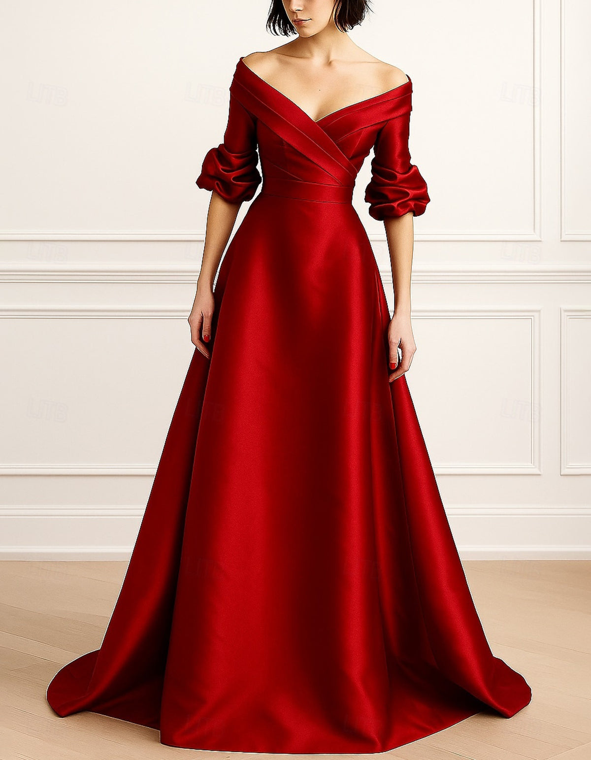 Robe longue sirène rouge en satin, à épaules dénudées et manches bouffantes aux coudes