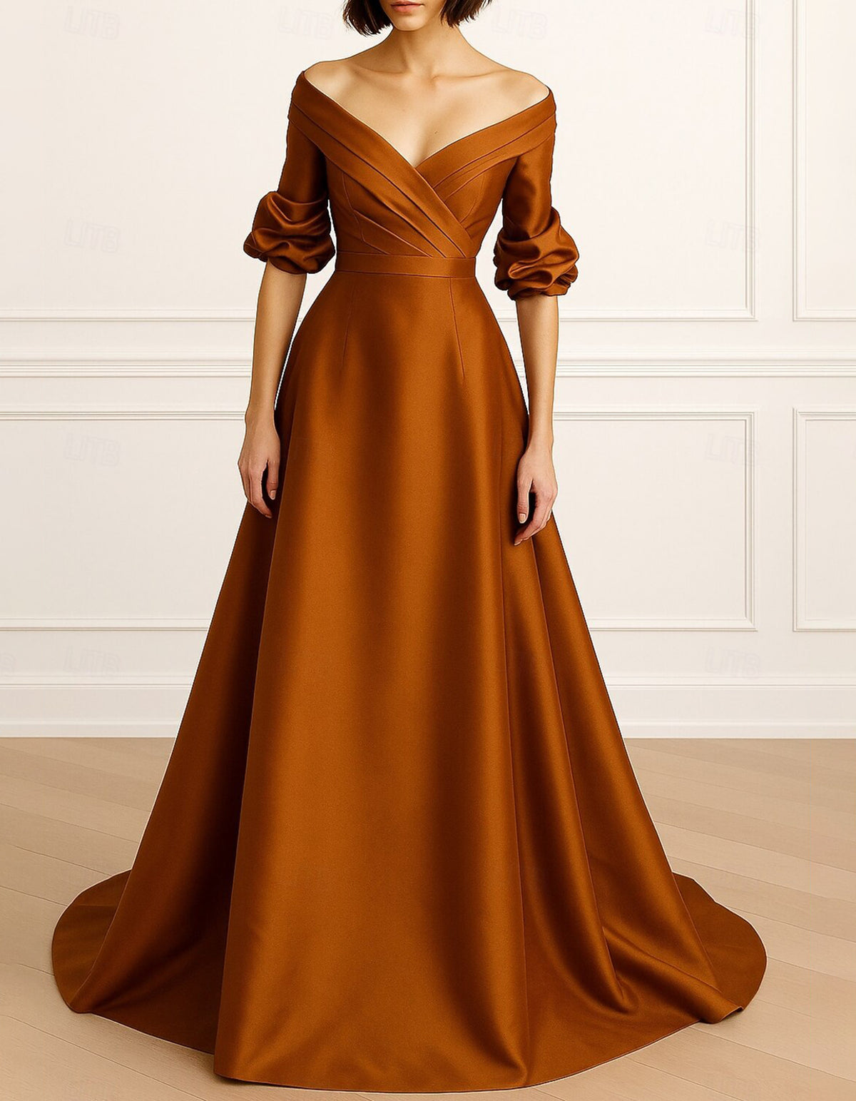 Robe longue sirène rouge en satin, à épaules dénudées et manches bouffantes aux coudes