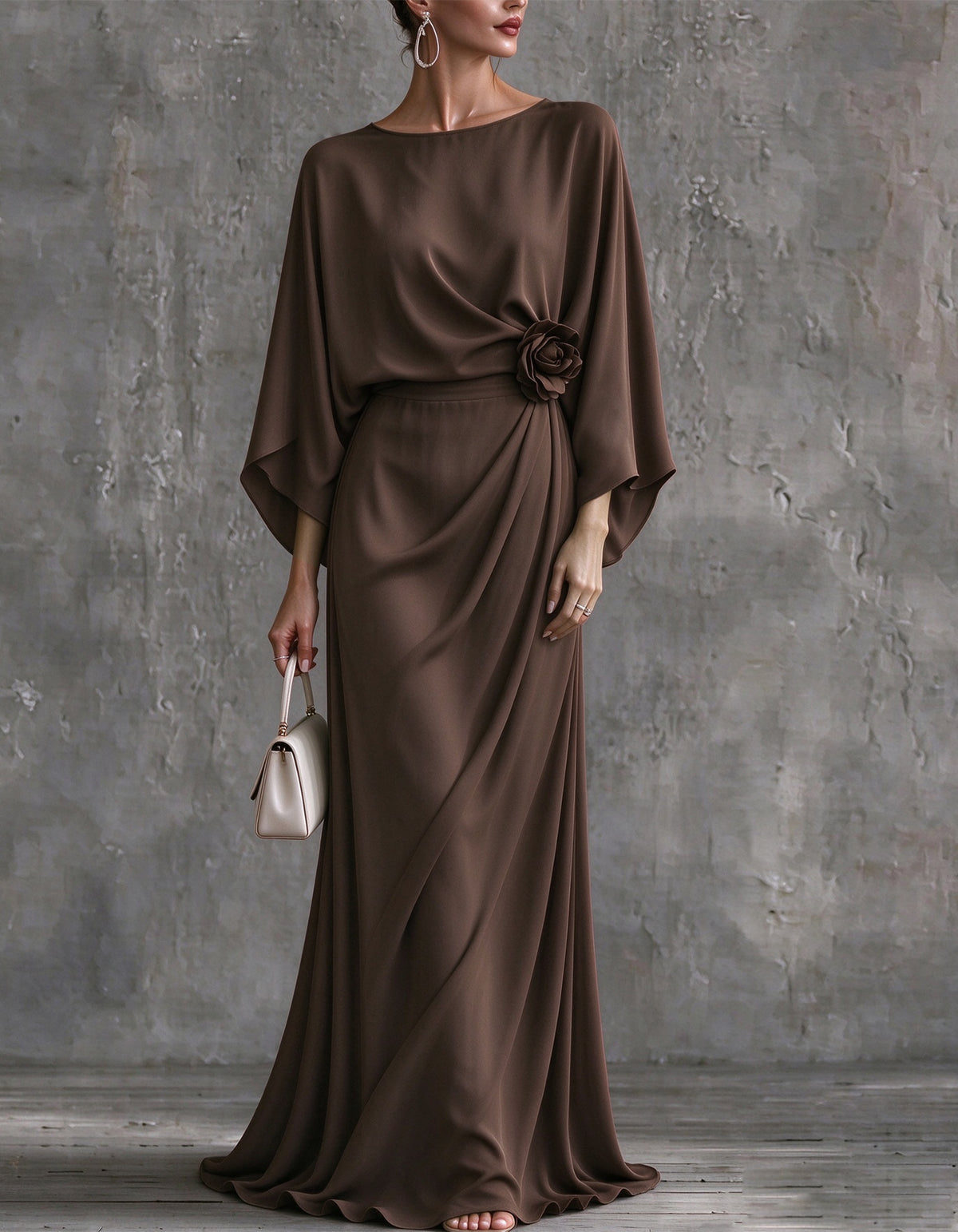 Solid Color Boat Neck Batwing Sleeves Maxi Dress