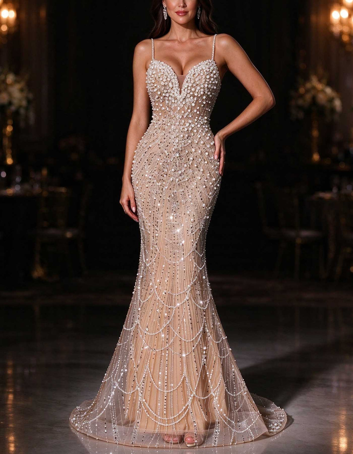 Robe longue en tulle couleur chair à fines bretelles, entièrement ornée de perles