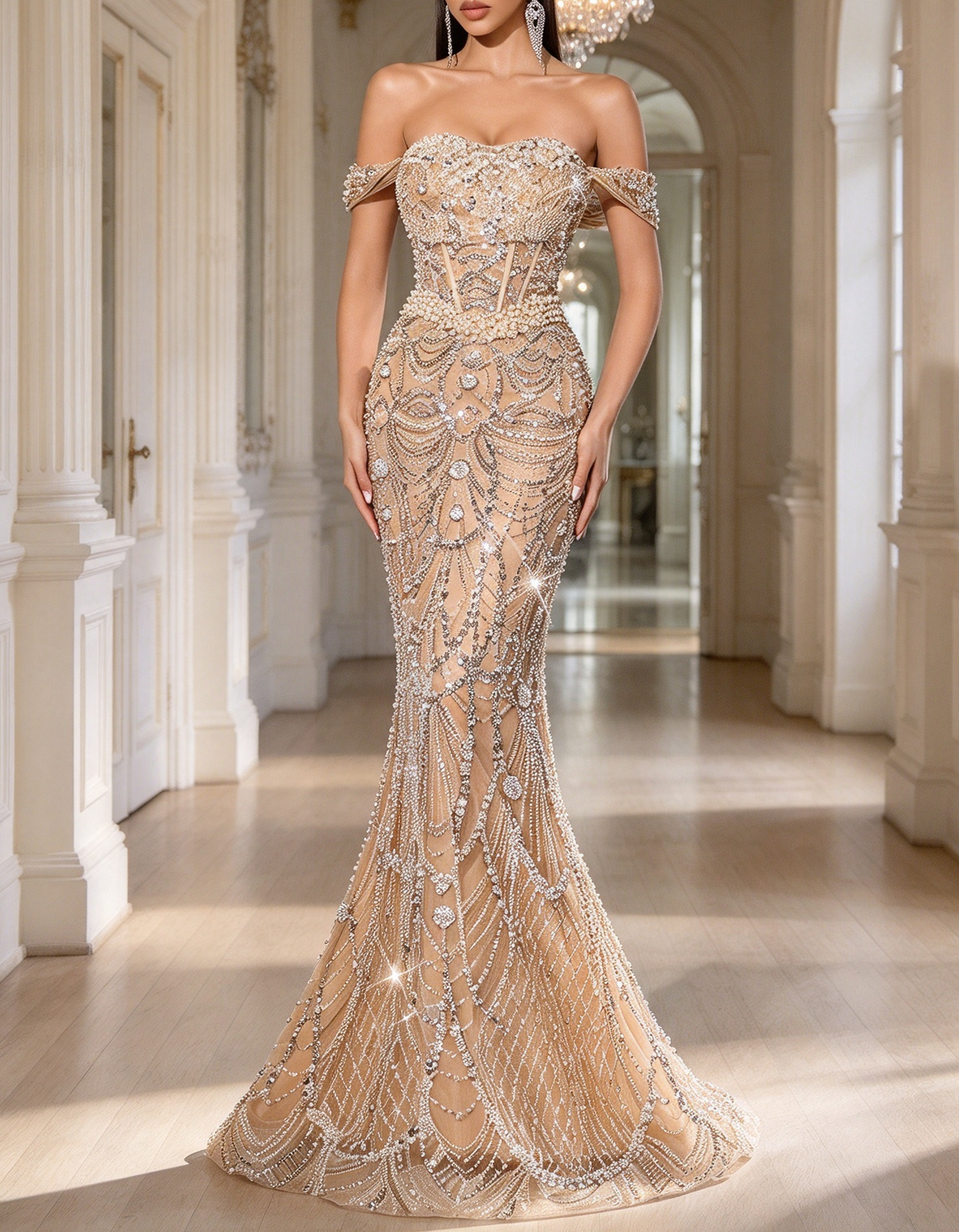 Vestido de noite comprido de champanhe claro, com ombros descobertos, profusamente bordado com missangas e corte sereia