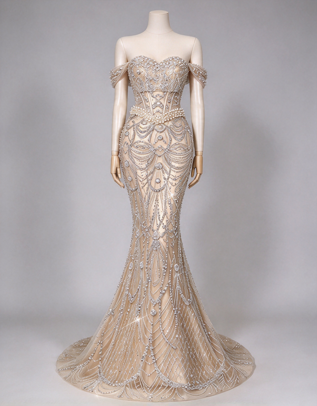 Vestido de noite comprido de champanhe claro, com ombros descobertos, profusamente bordado com missangas e corte sereia