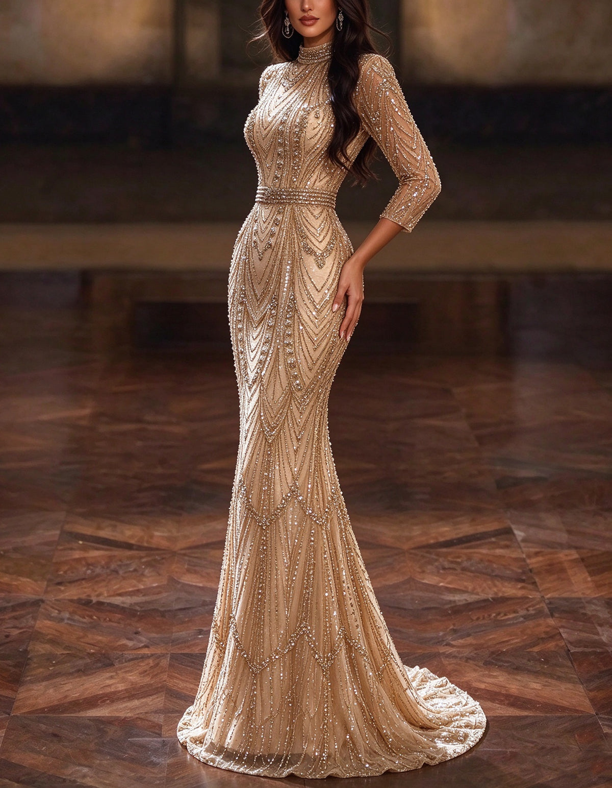 Vestido largo color champán dorado con cristales geométricos bordados