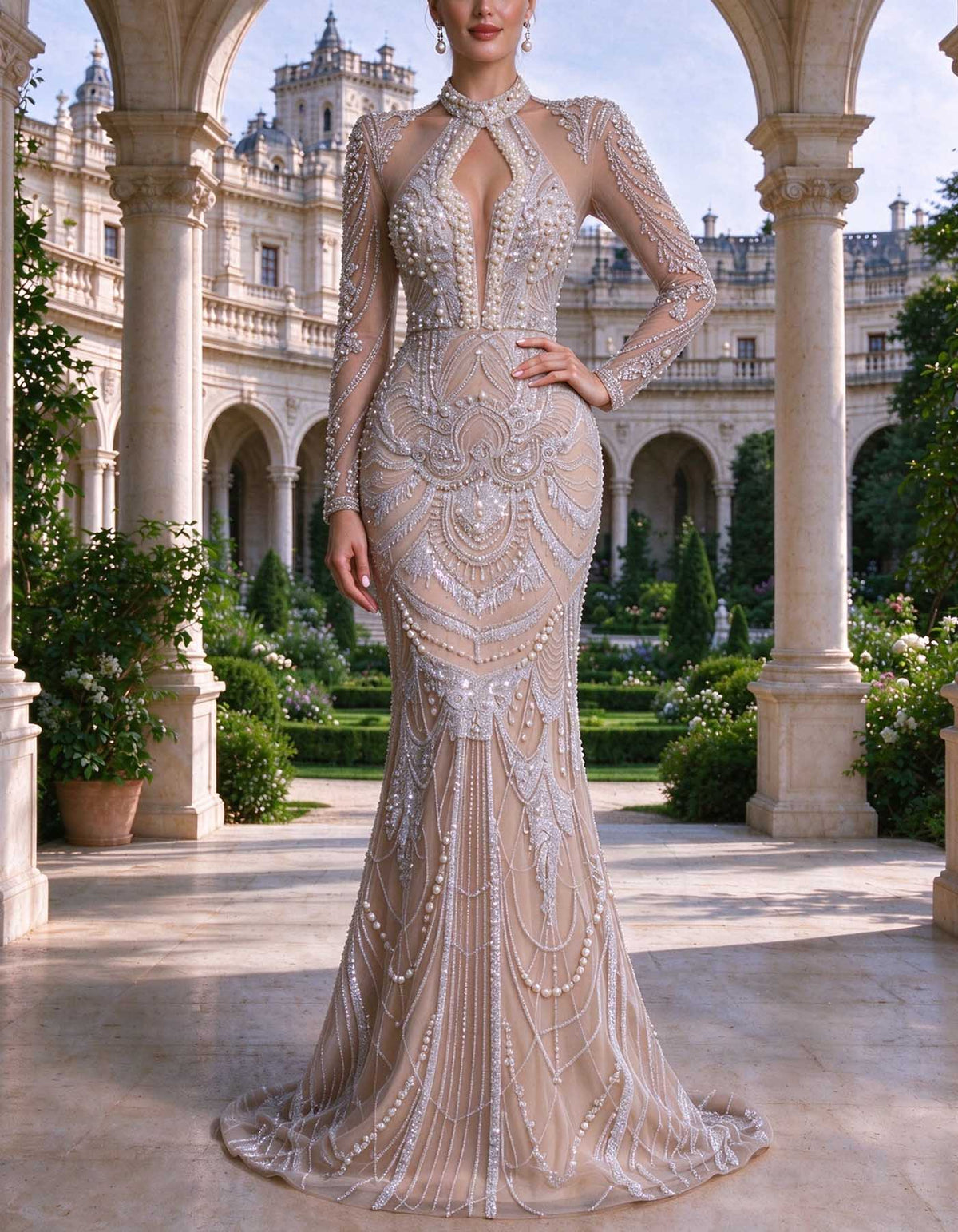 Vestido largo color nude de cuello alto, con abertura, escote en V pronunciado, mangas largas transparentes y cuentas
