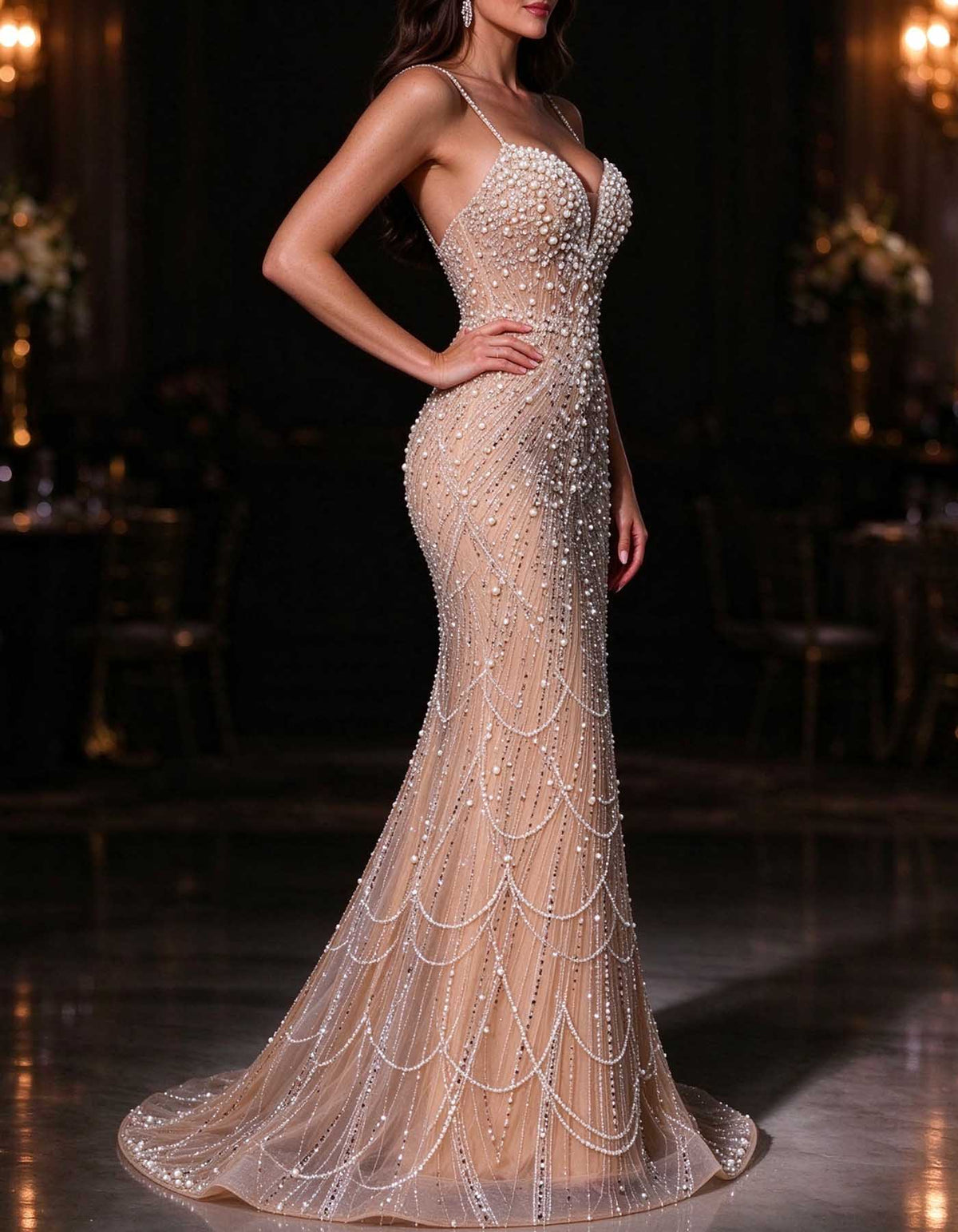 Robe longue en tulle couleur chair à fines bretelles, entièrement ornée de perles