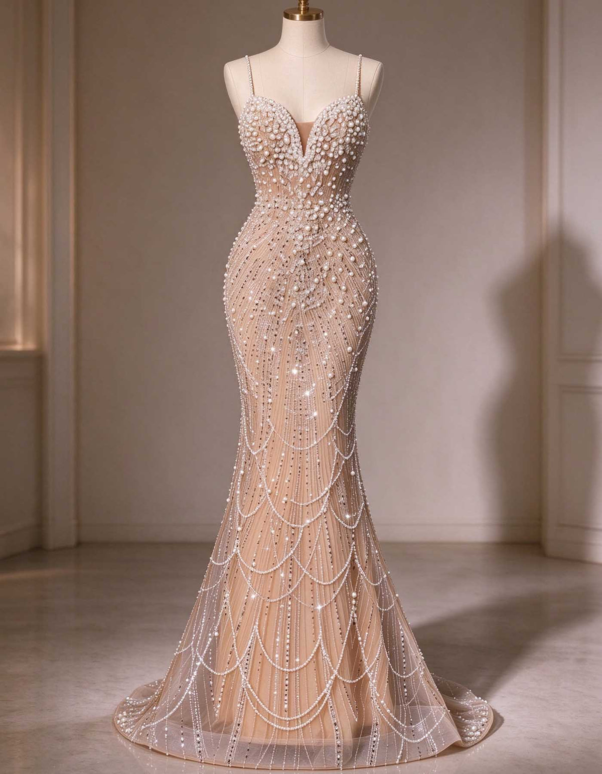 Robe longue en tulle couleur chair à fines bretelles, entièrement ornée de perles
