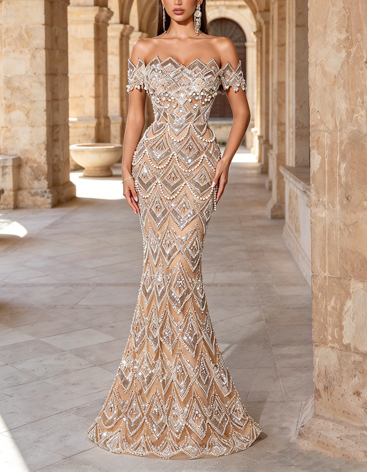 Robe longue couleur champagne à coupe sirène, ornée de cristaux