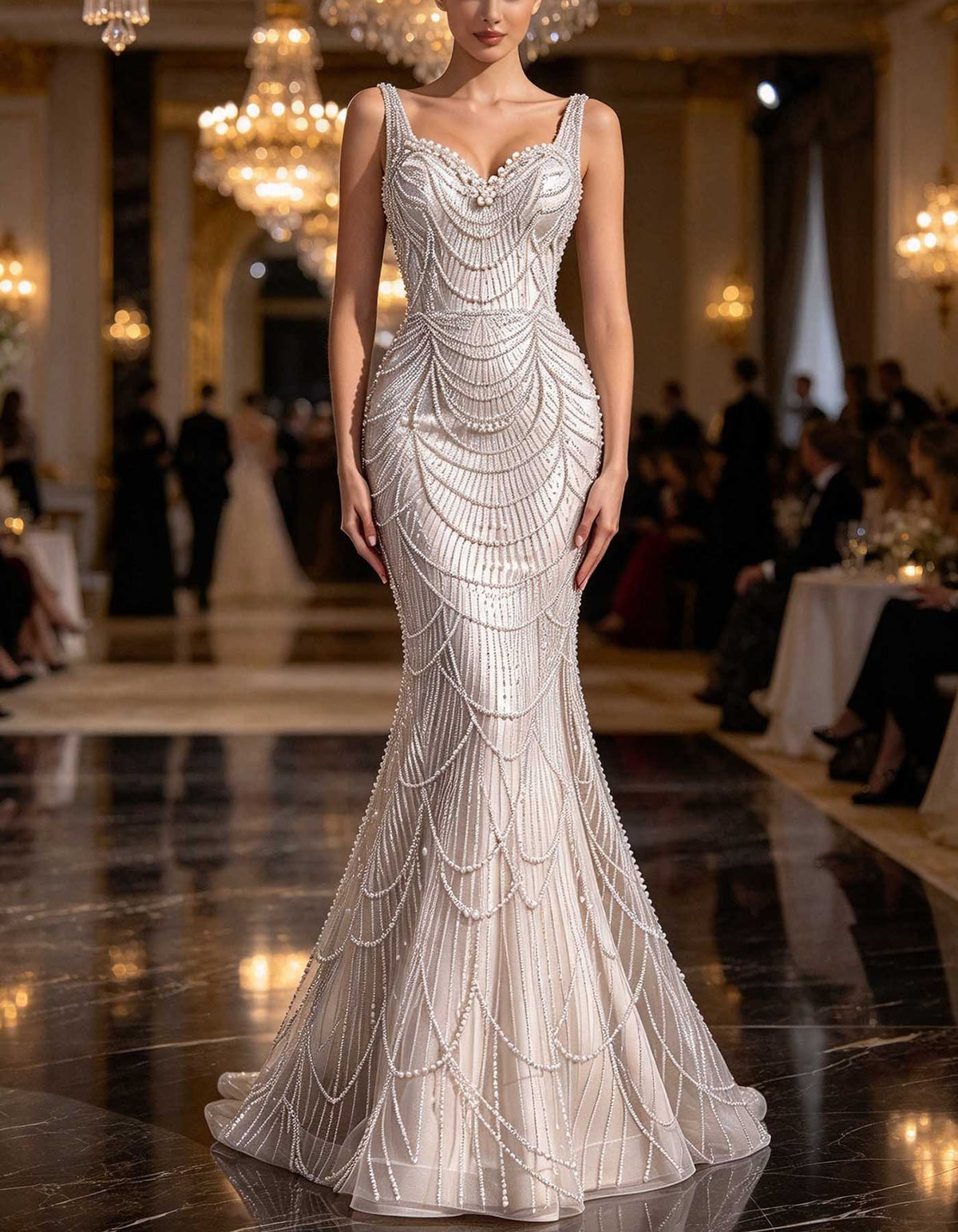 Abito lungo bianco con scollo a V e spalline larghe, impreziosito da perline e strass effetto perla