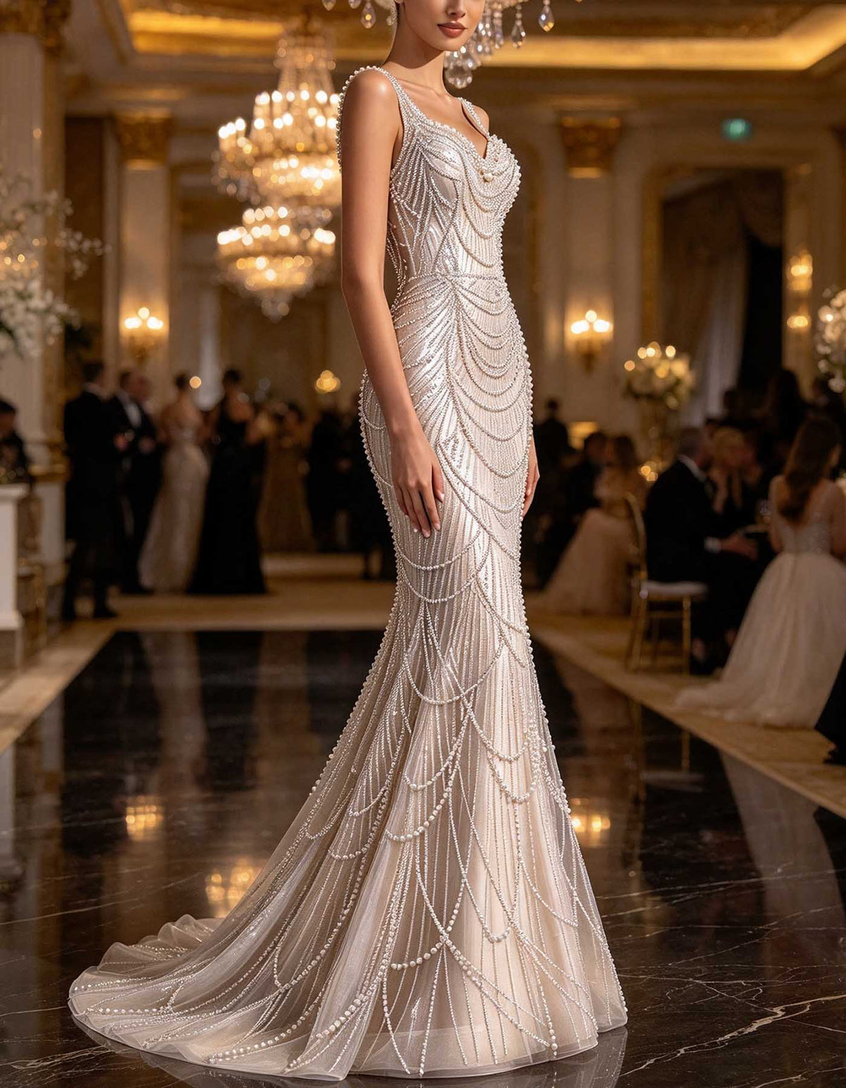 Abito lungo bianco con scollo a V e spalline larghe, impreziosito da perline e strass effetto perla