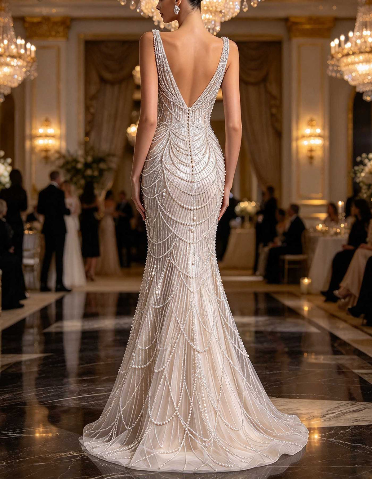 Abito lungo bianco con scollo a V e spalline larghe, impreziosito da perline e strass effetto perla