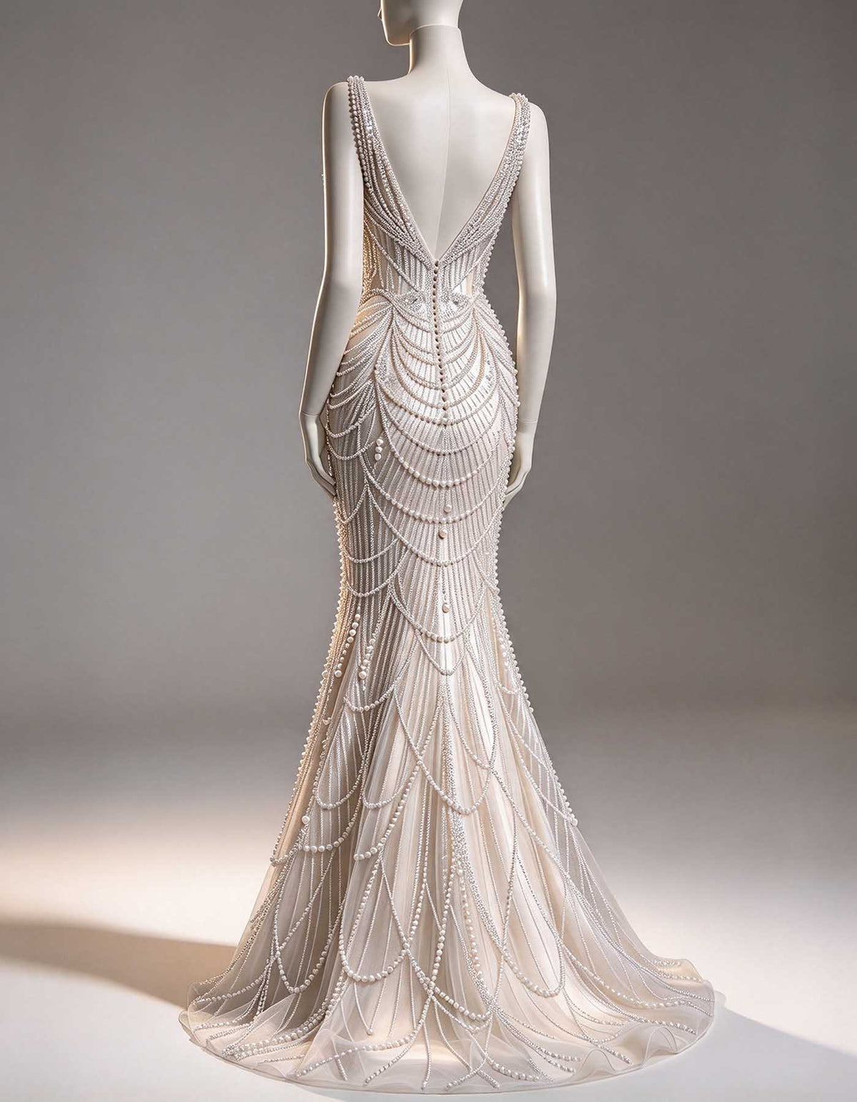 Abito lungo bianco con scollo a V e spalline larghe, impreziosito da perline e strass effetto perla
