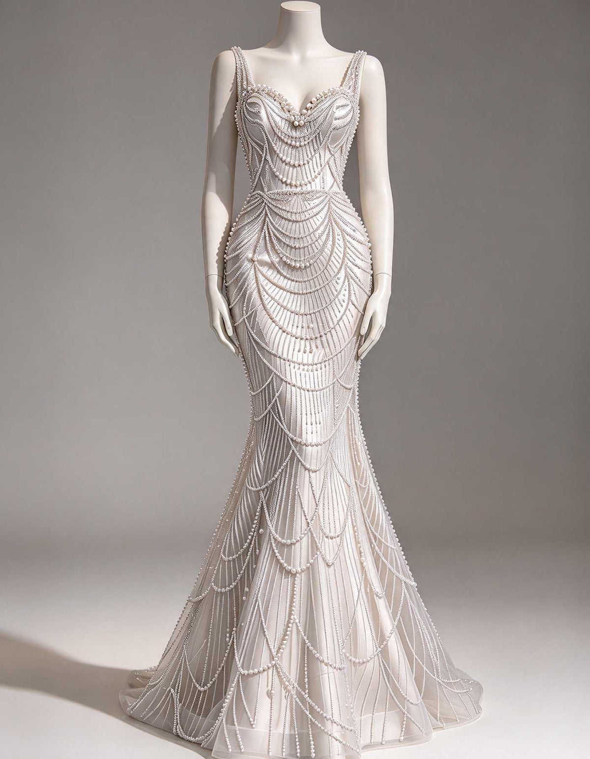 Abito lungo bianco con scollo a V e spalline larghe, impreziosito da perline e strass effetto perla