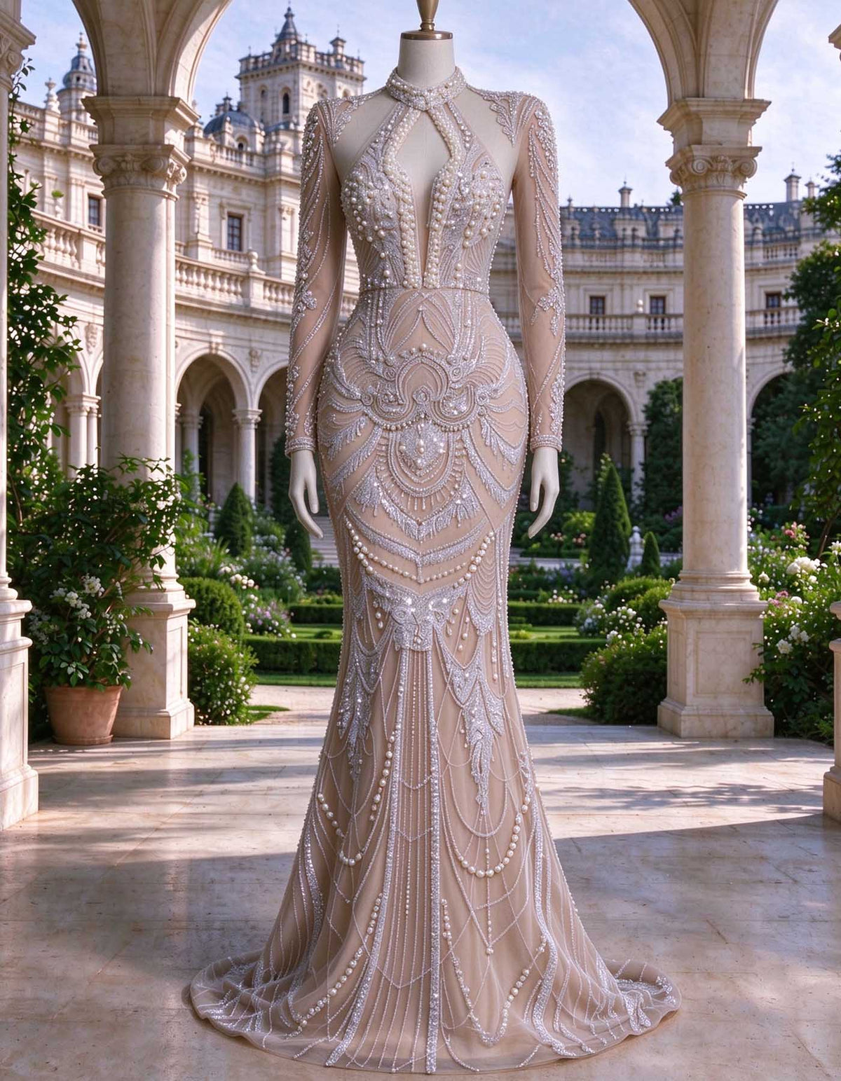 Vestido largo color nude de cuello alto, con abertura, escote en V pronunciado, mangas largas transparentes y cuentas