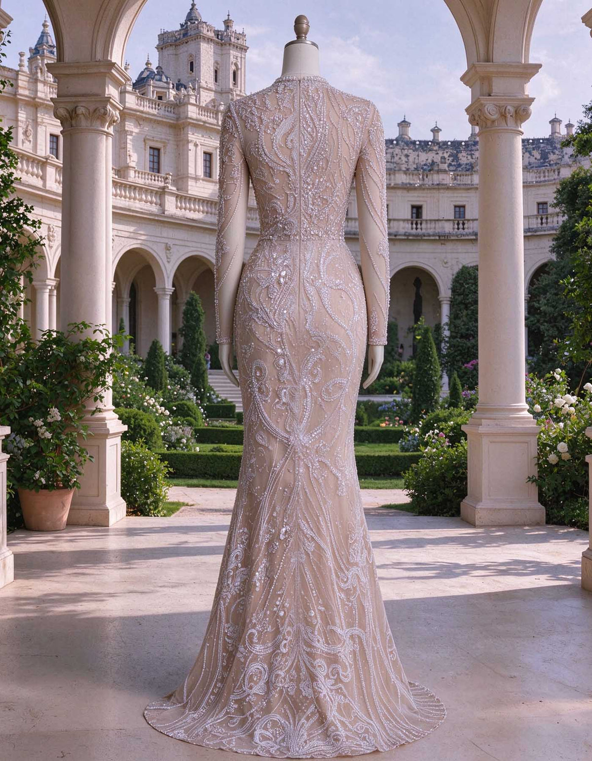 Vestido largo color nude de cuello alto, con abertura, escote en V pronunciado, mangas largas transparentes y cuentas