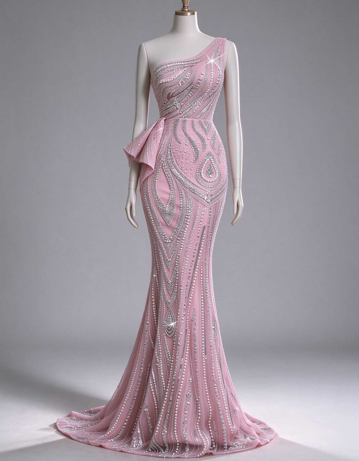 Robe longue rose perlée de strass, à une épaule