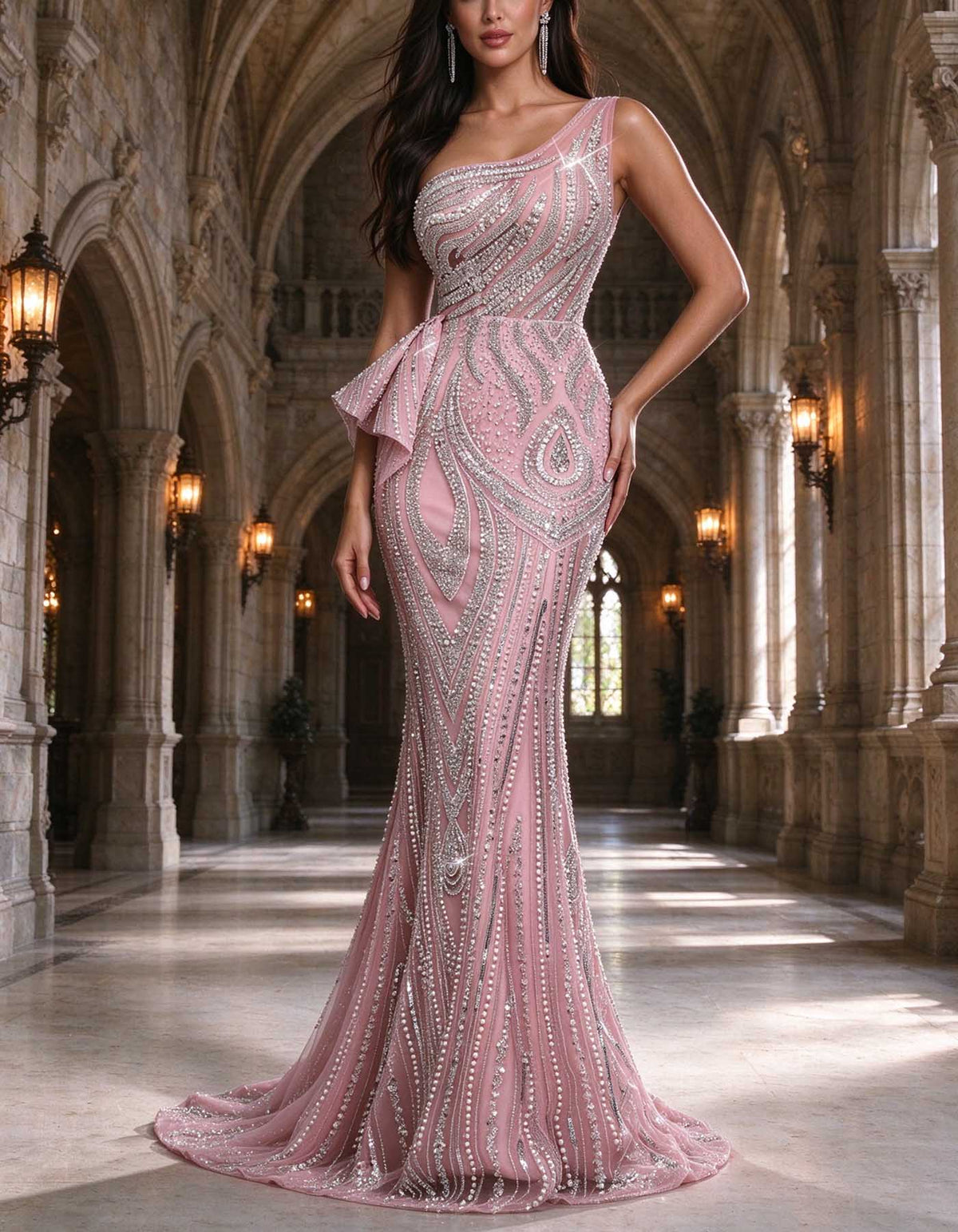 Robe longue rose perlée de strass, à une épaule
