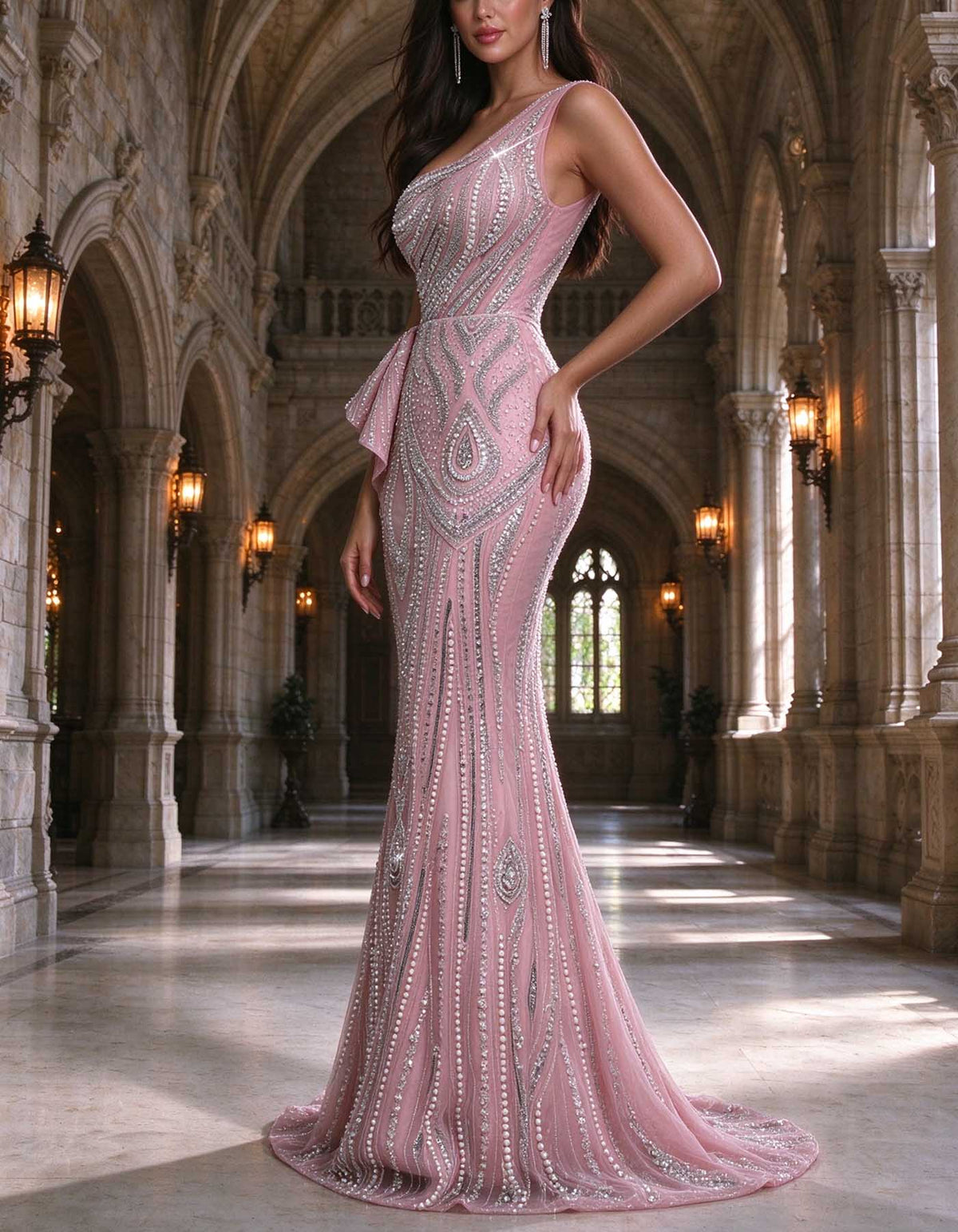 Robe longue rose perlée de strass, à une épaule