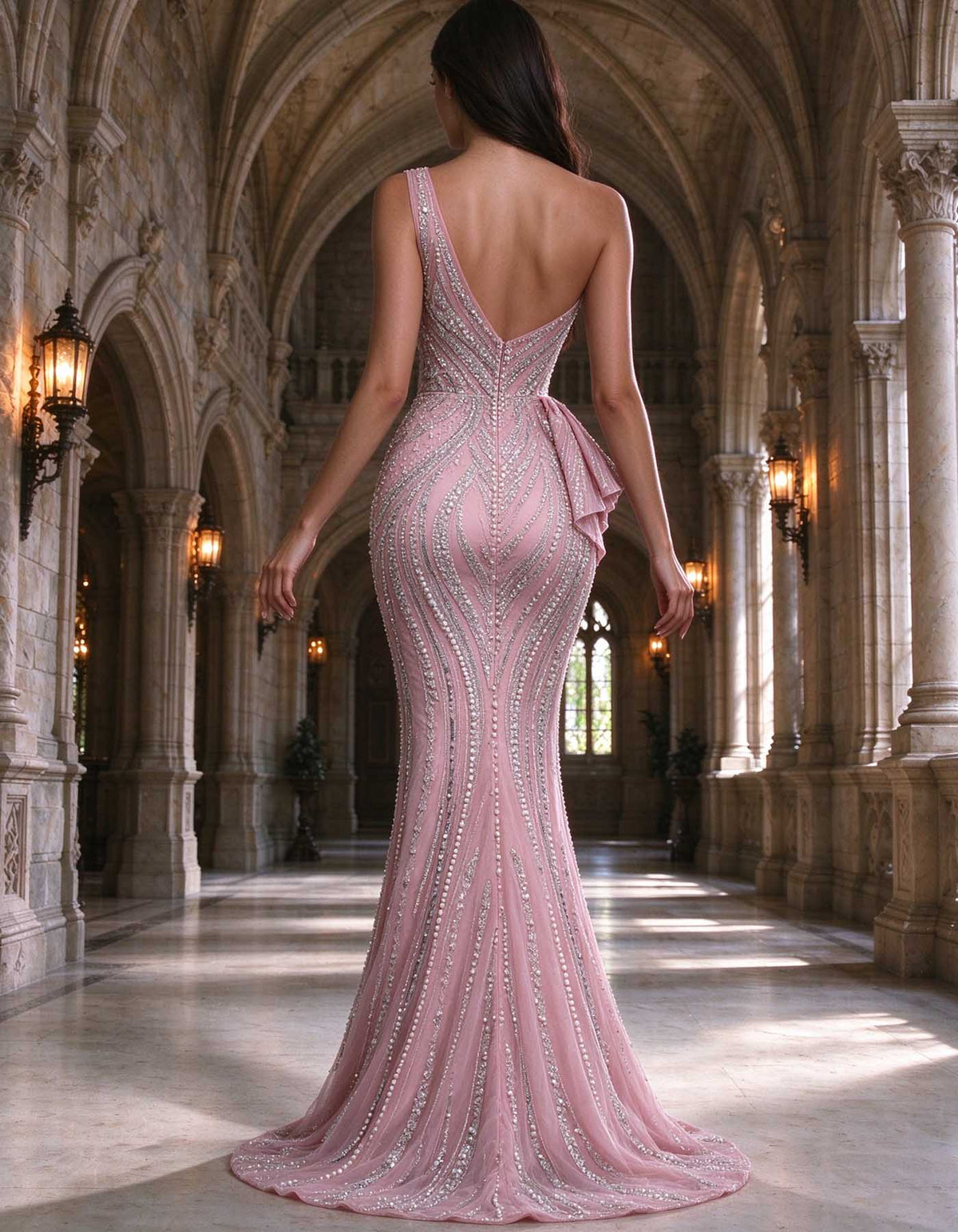 Robe longue rose perlée de strass, à une épaule