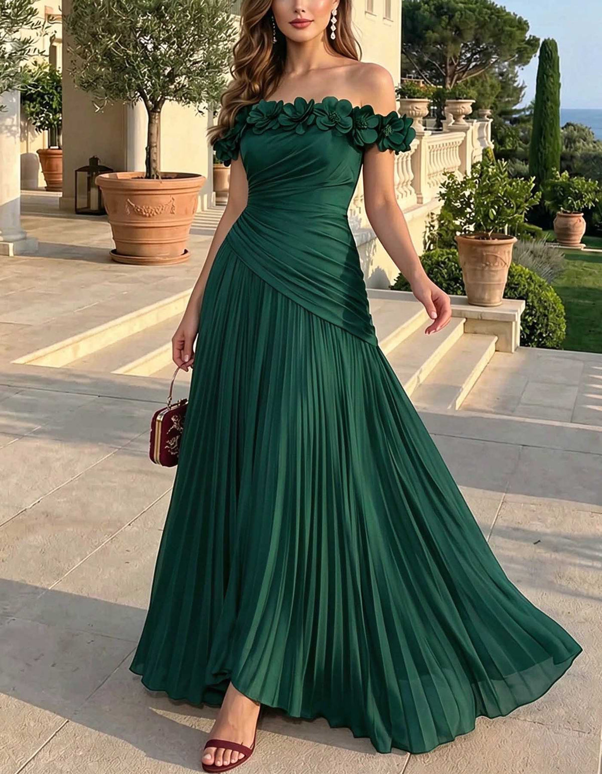 Vestido largo de gasa con hombros descubiertos, flores 3D, plisado y corte evasé