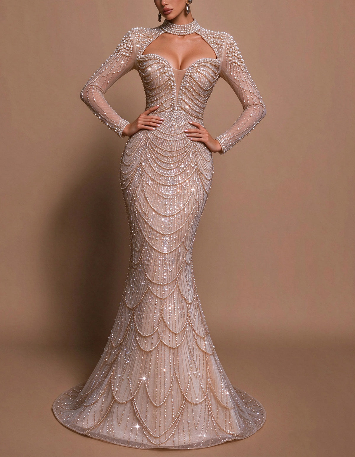 Rochie de seară nude cu mâneci lungi, decupaje și lanțuri de perle