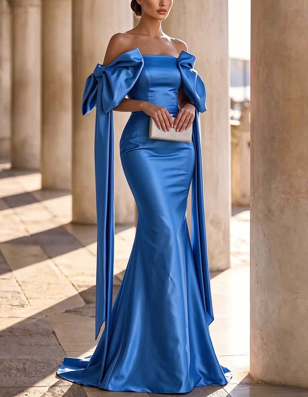 Robe longue sirène en satin à épaules dénudées avec grand nœud