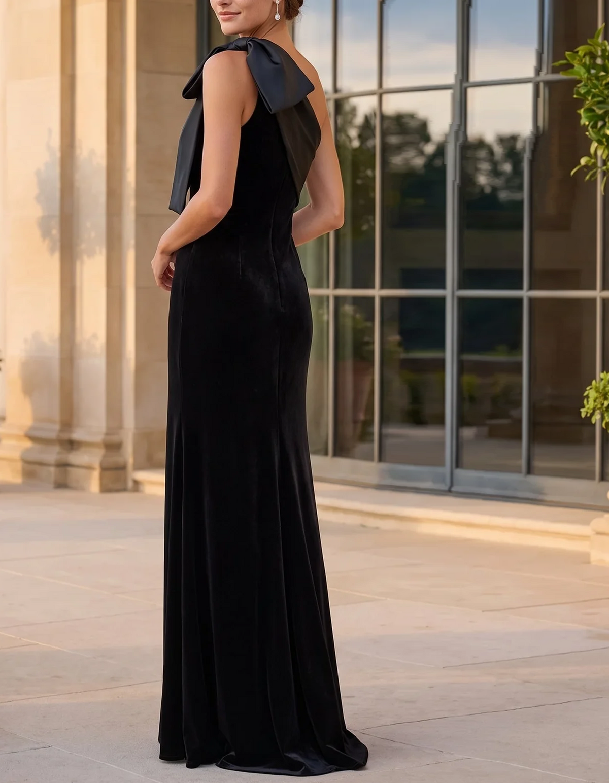Rochie maxi sirenă din catifea, cu un singur umăr și fundă din satin
