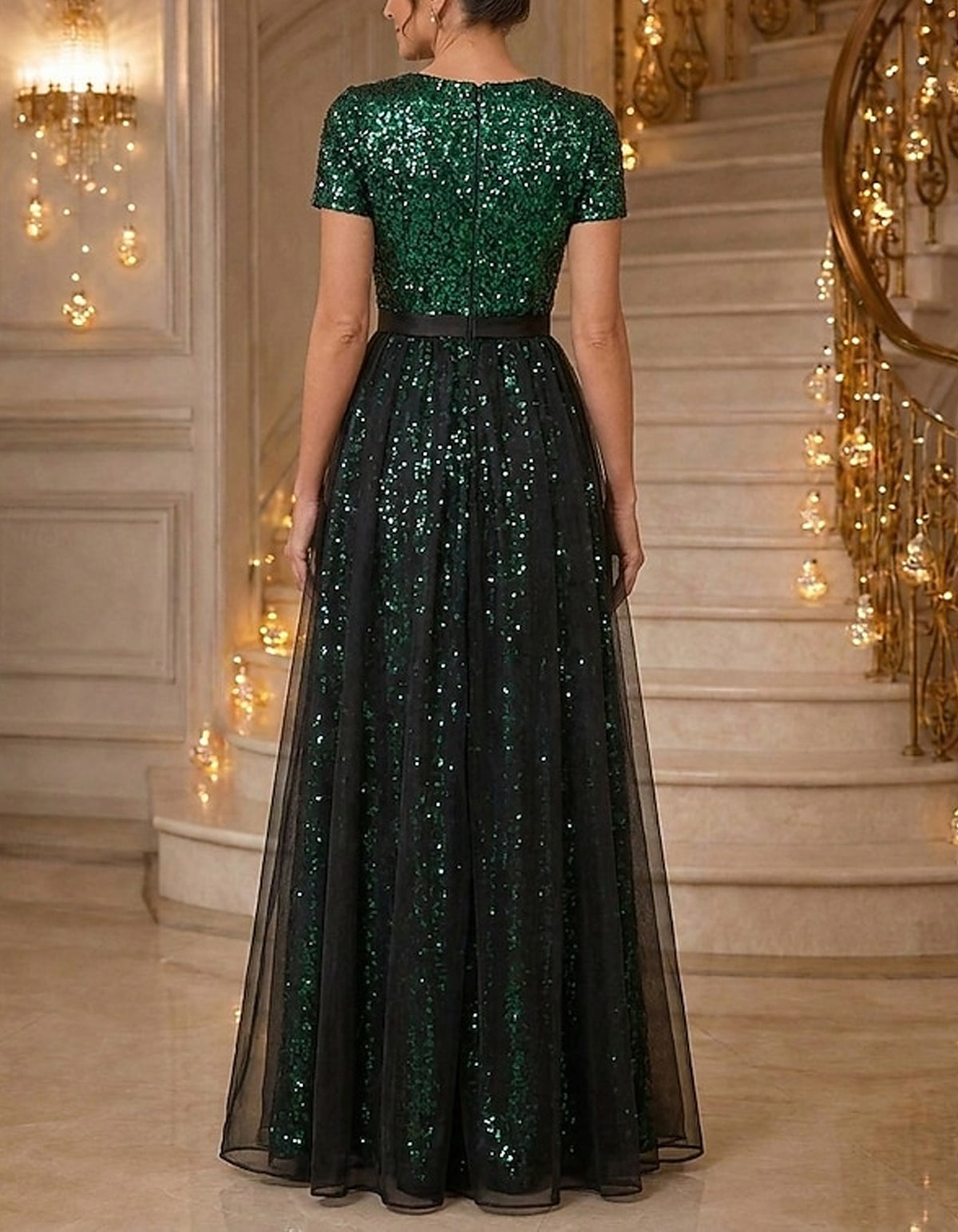 Solid Color Sequined Tulle Maxi Dress
