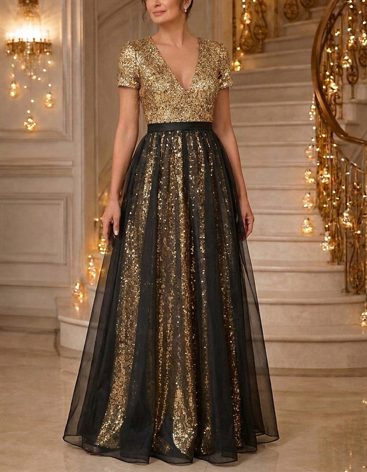 Solid Color Sequined Tulle Maxi Dress