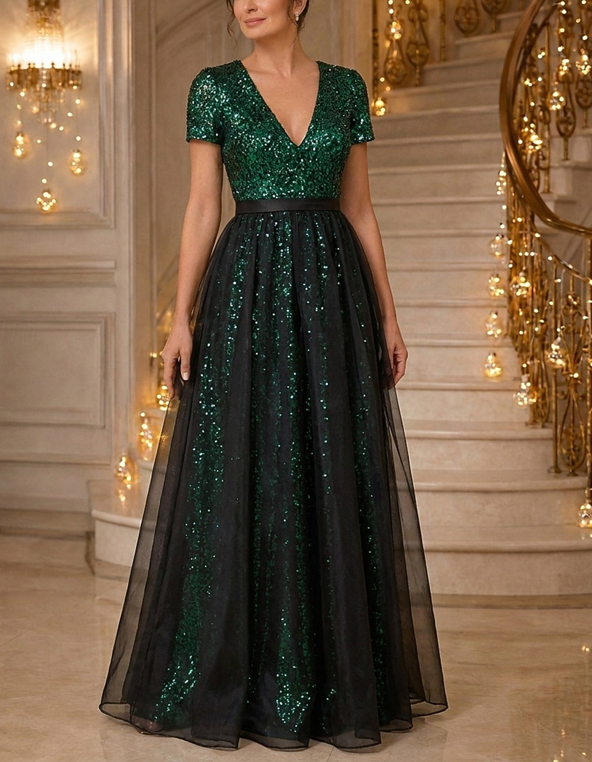 Solid Color Sequined Tulle Maxi Dress