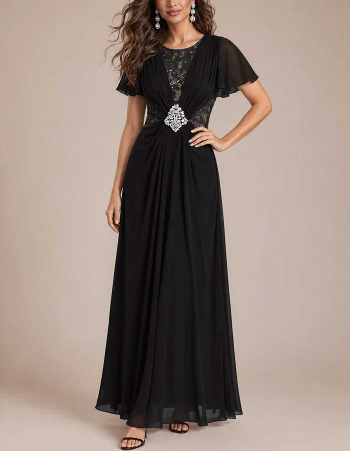 Chiffon Flutter Sleeve Lace Maxi Dress