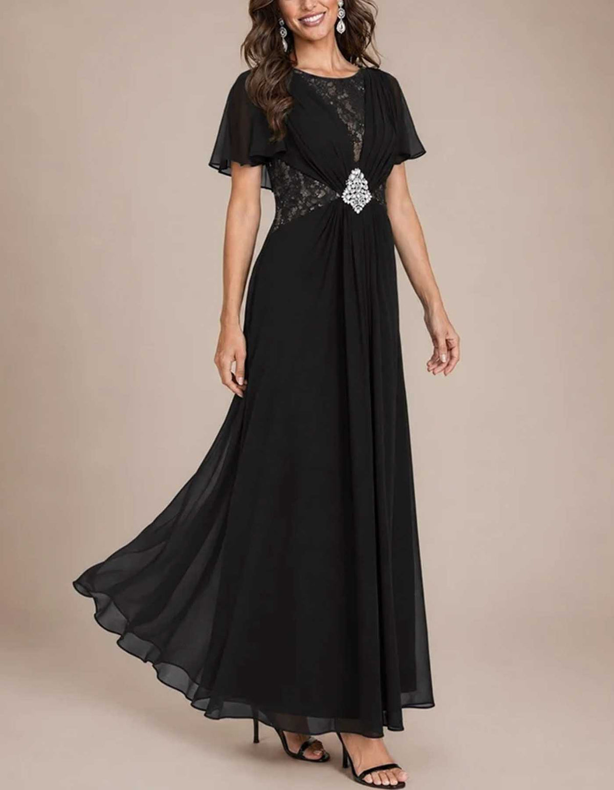 Chiffon Flutter Sleeve Lace Maxi Dress
