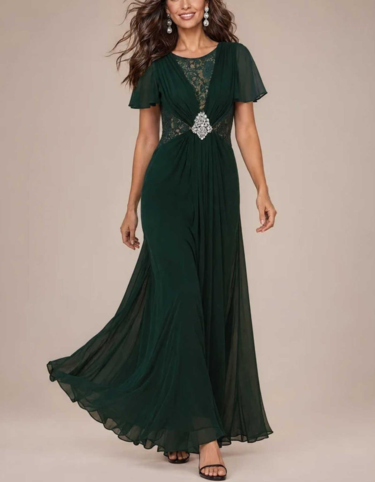 Chiffon Flutter Sleeve Lace Maxi Dress