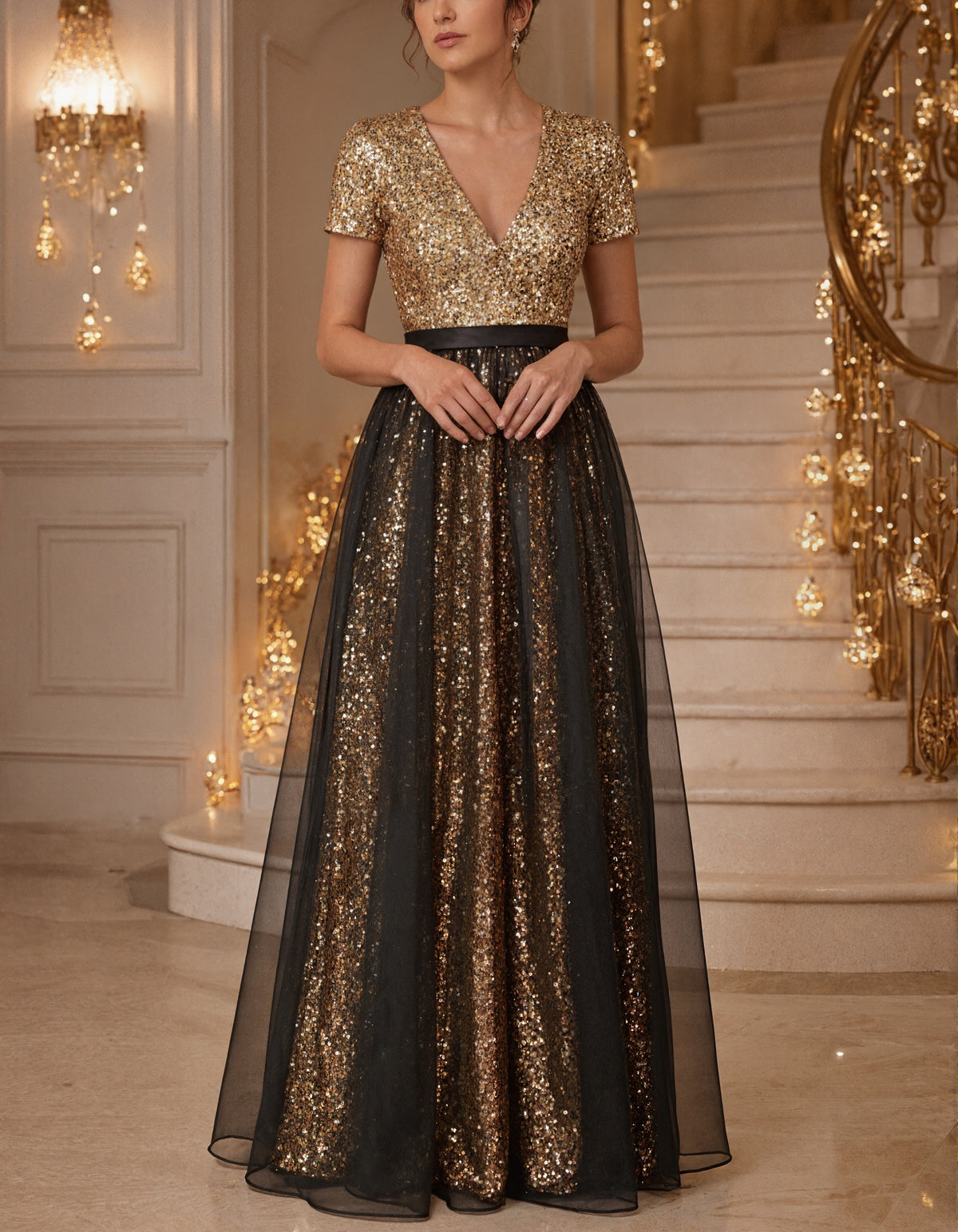 Solid Color Sequined Tulle Maxi Dress