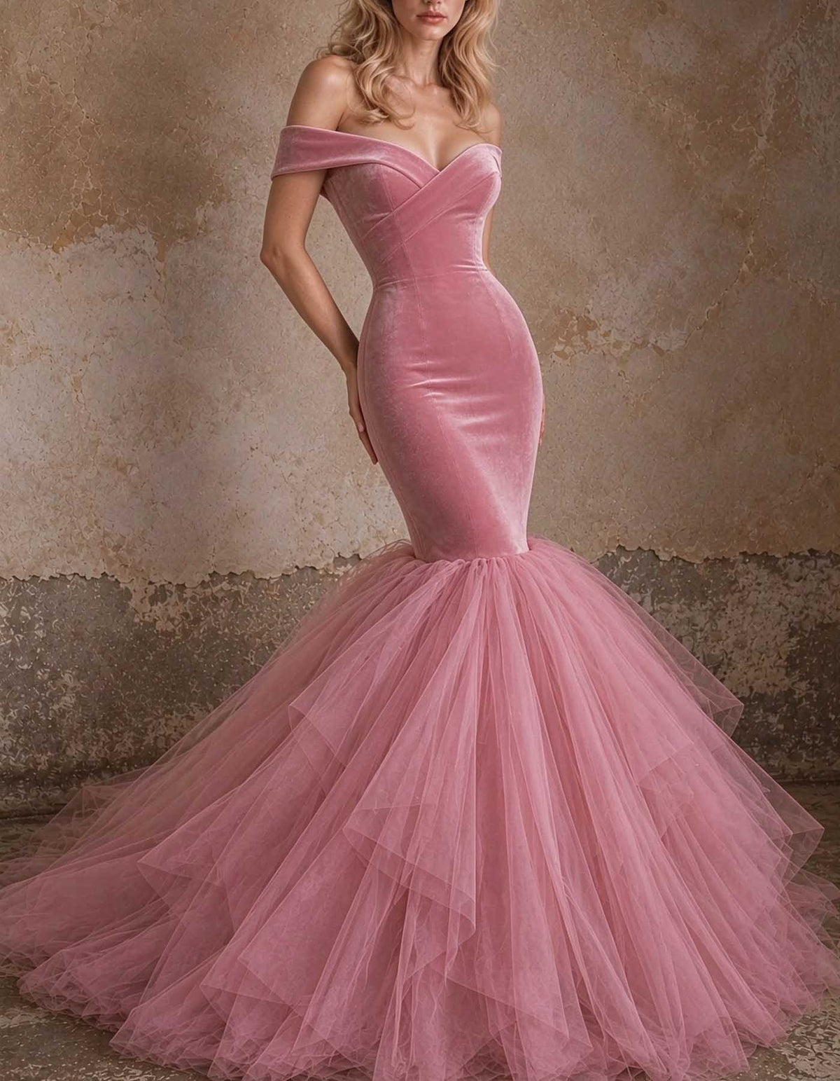 Μάξι φόρεμα σε dusty pink από βελούδο, με ακάλυπτους ώμους και τελείωμα από τούλι