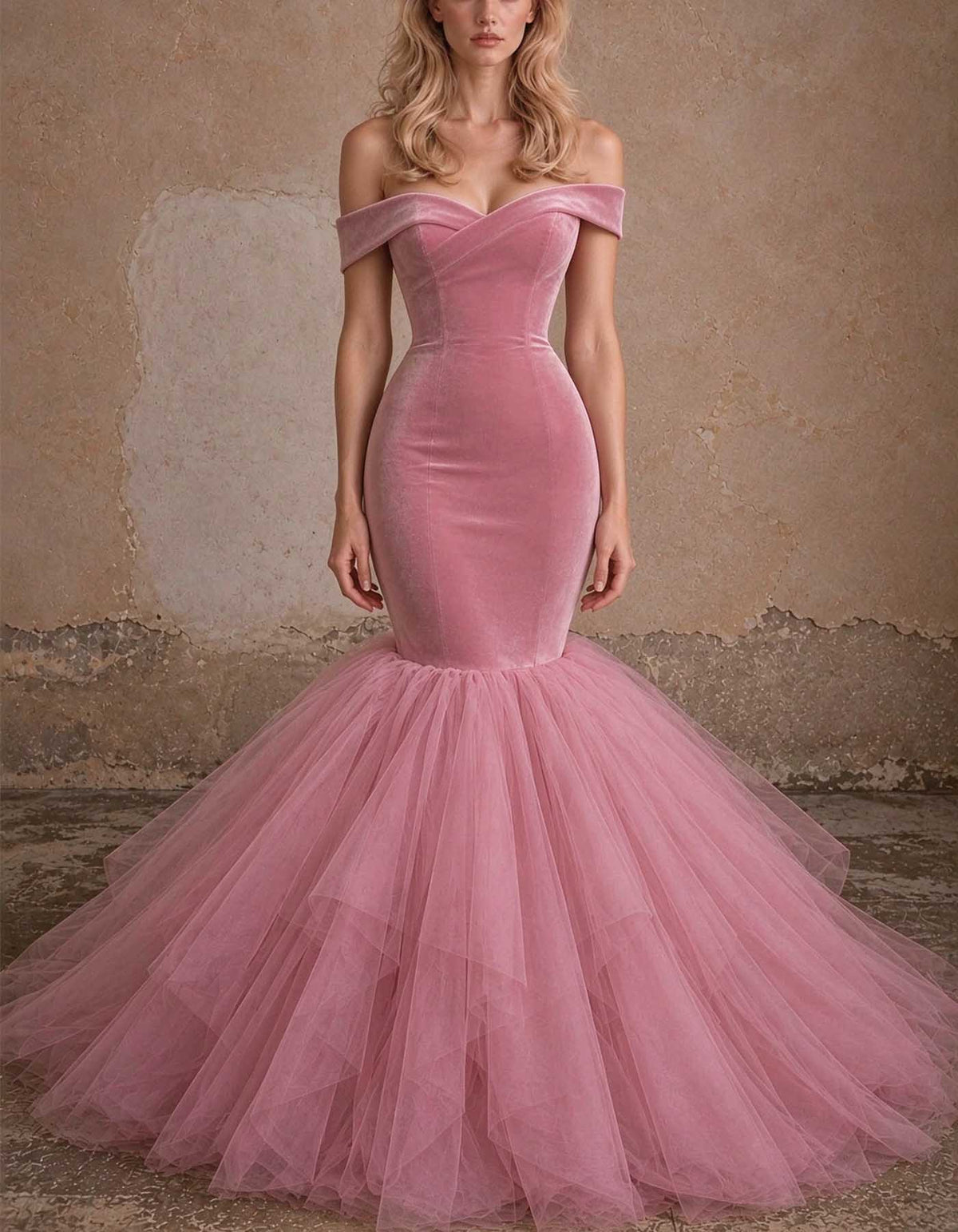 Μάξι φόρεμα σε dusty pink από βελούδο, με ακάλυπτους ώμους και τελείωμα από τούλι