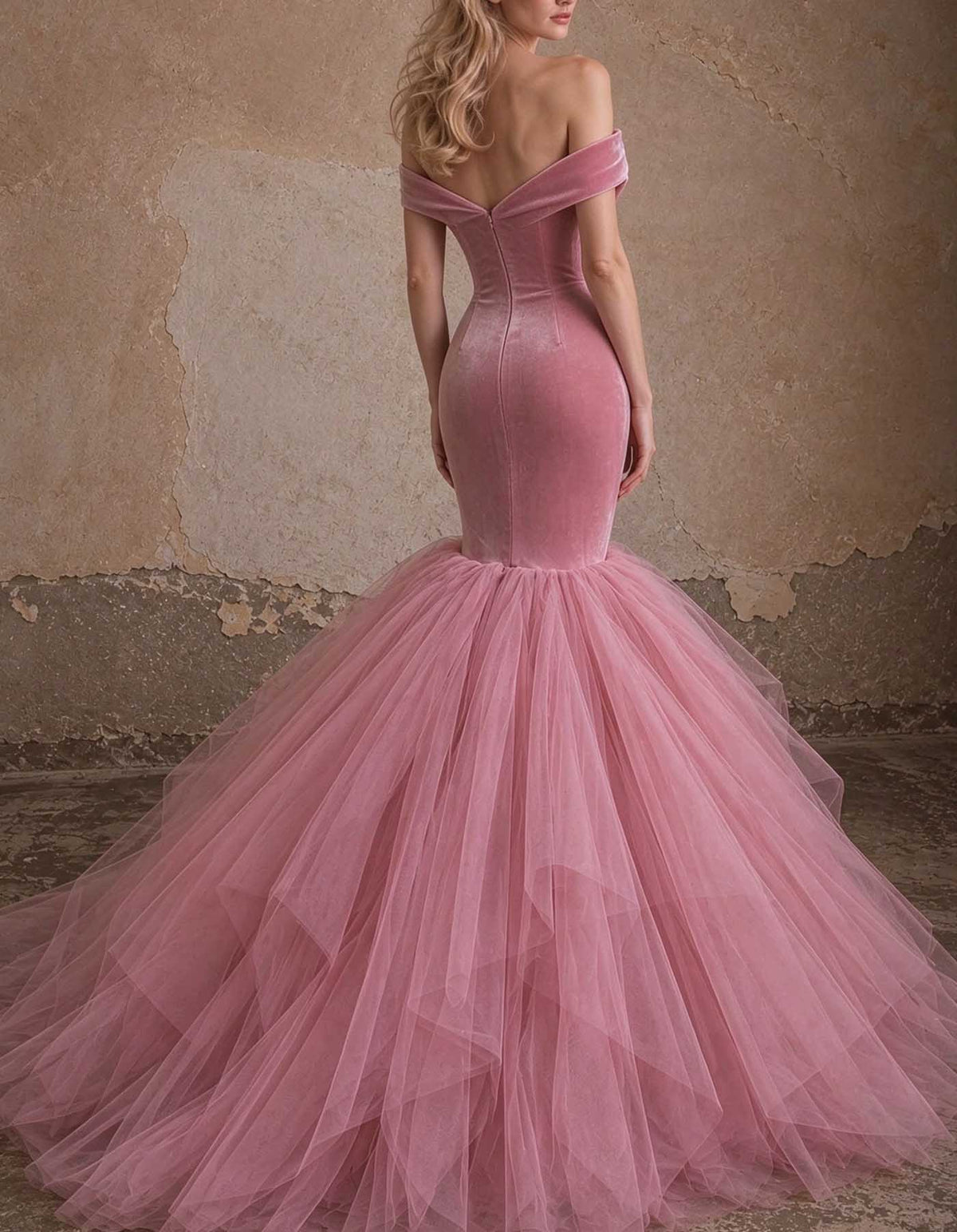 Μάξι φόρεμα σε dusty pink από βελούδο, με ακάλυπτους ώμους και τελείωμα από τούλι