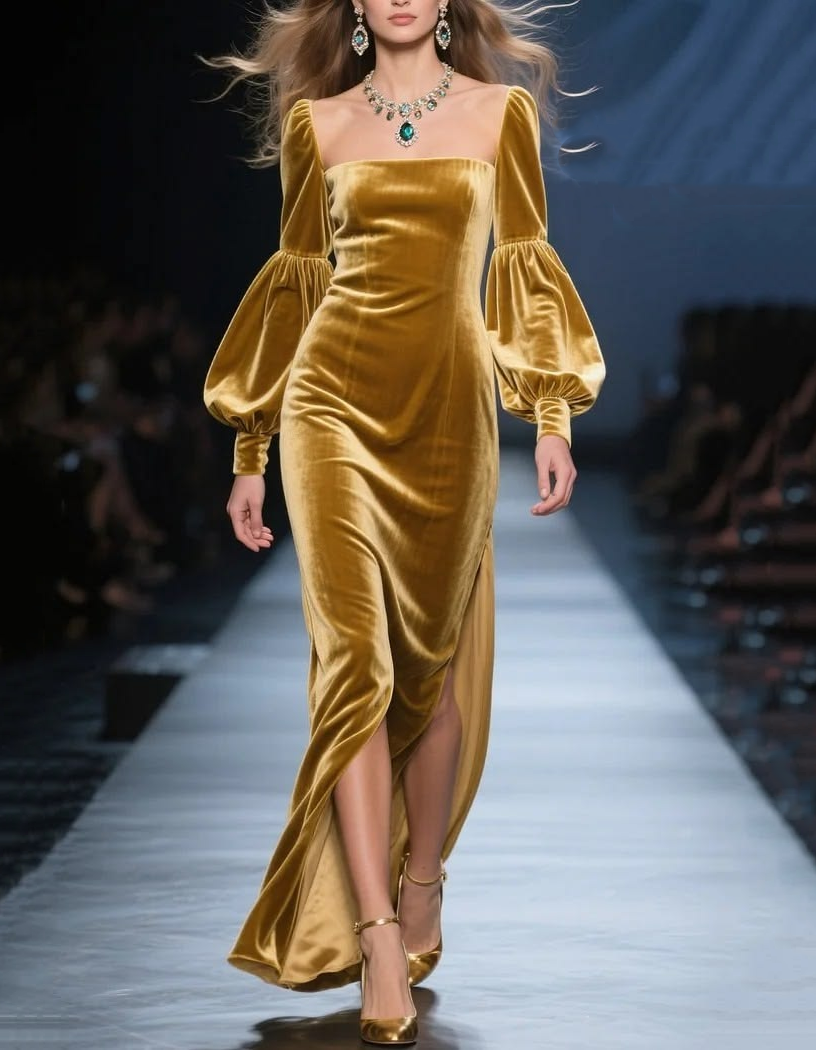 Langes Abendkleid in Meerjungfrauenform mit eckigem Ausschnitt, Samt-Puffärmeln und hohem Beinschlitz