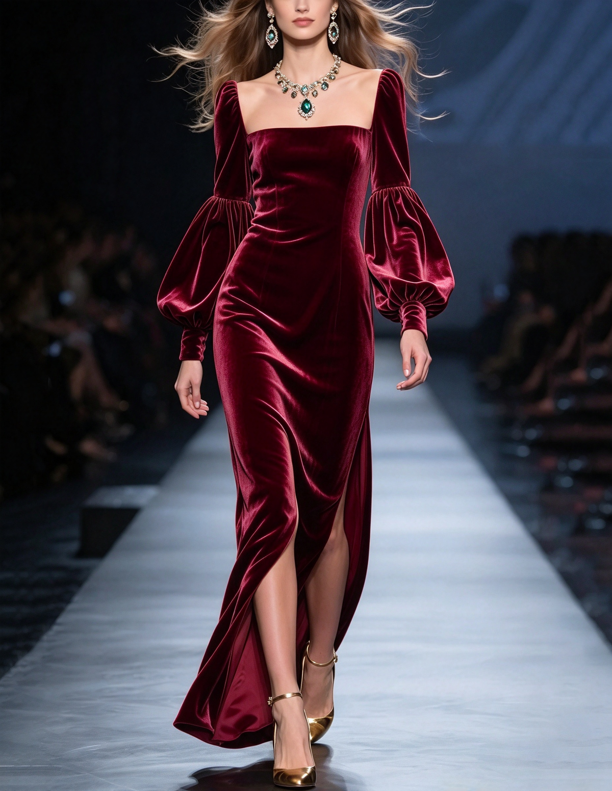 Langes Abendkleid in Meerjungfrauenform mit eckigem Ausschnitt, Samt-Puffärmeln und hohem Beinschlitz