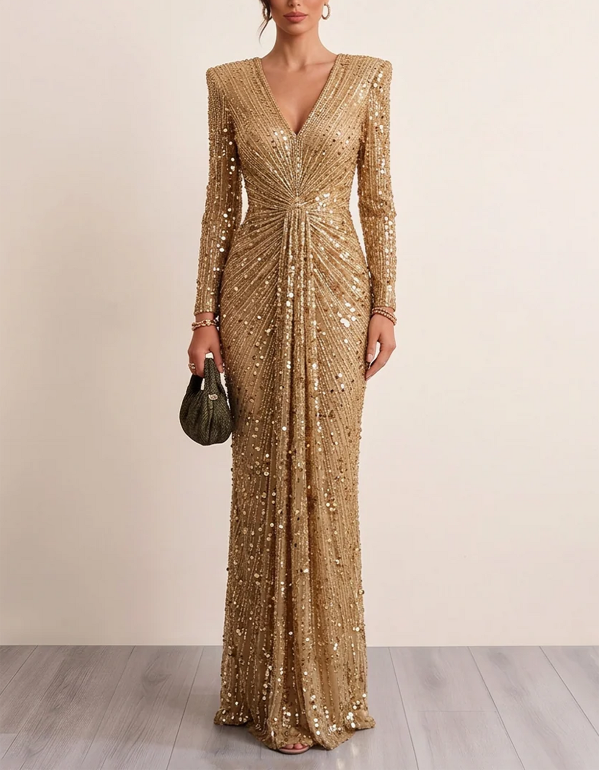 Champagnergoldenes Maxikleid mit tiefem V-Ausschnitt und Perlen und Pailletten