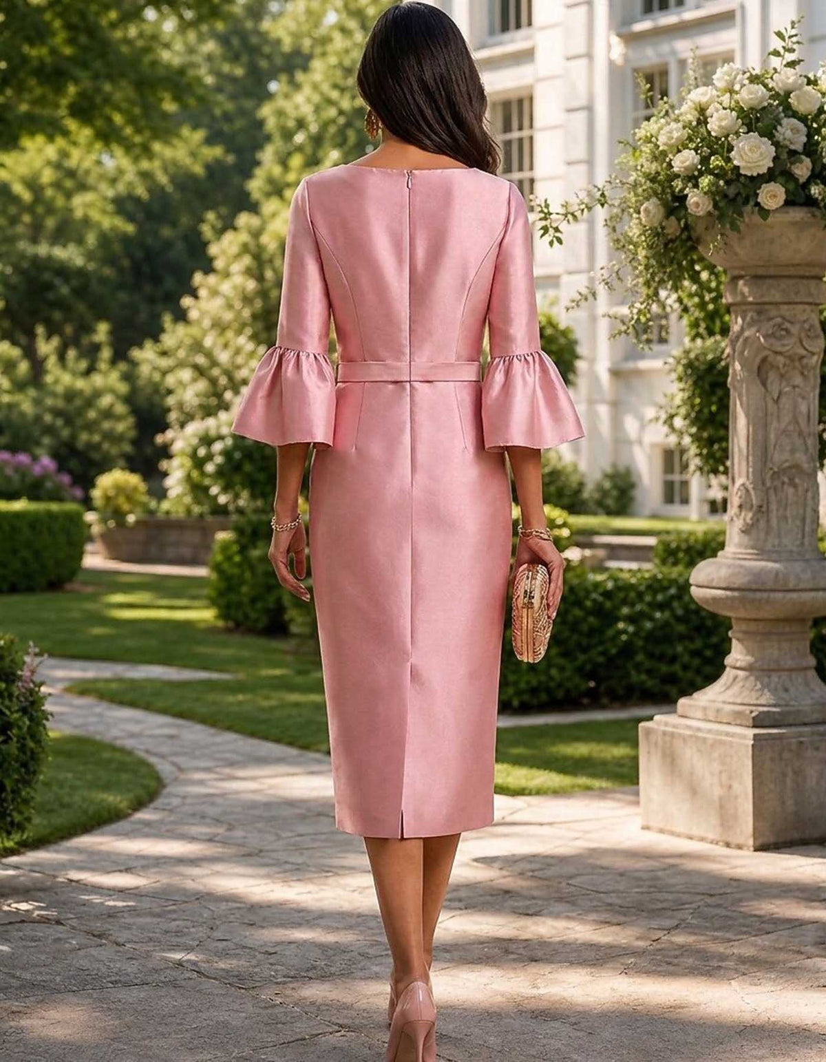 Satin-Midikleid mit Kerbkragen, Glockenärmeln und Schleife in der Taille