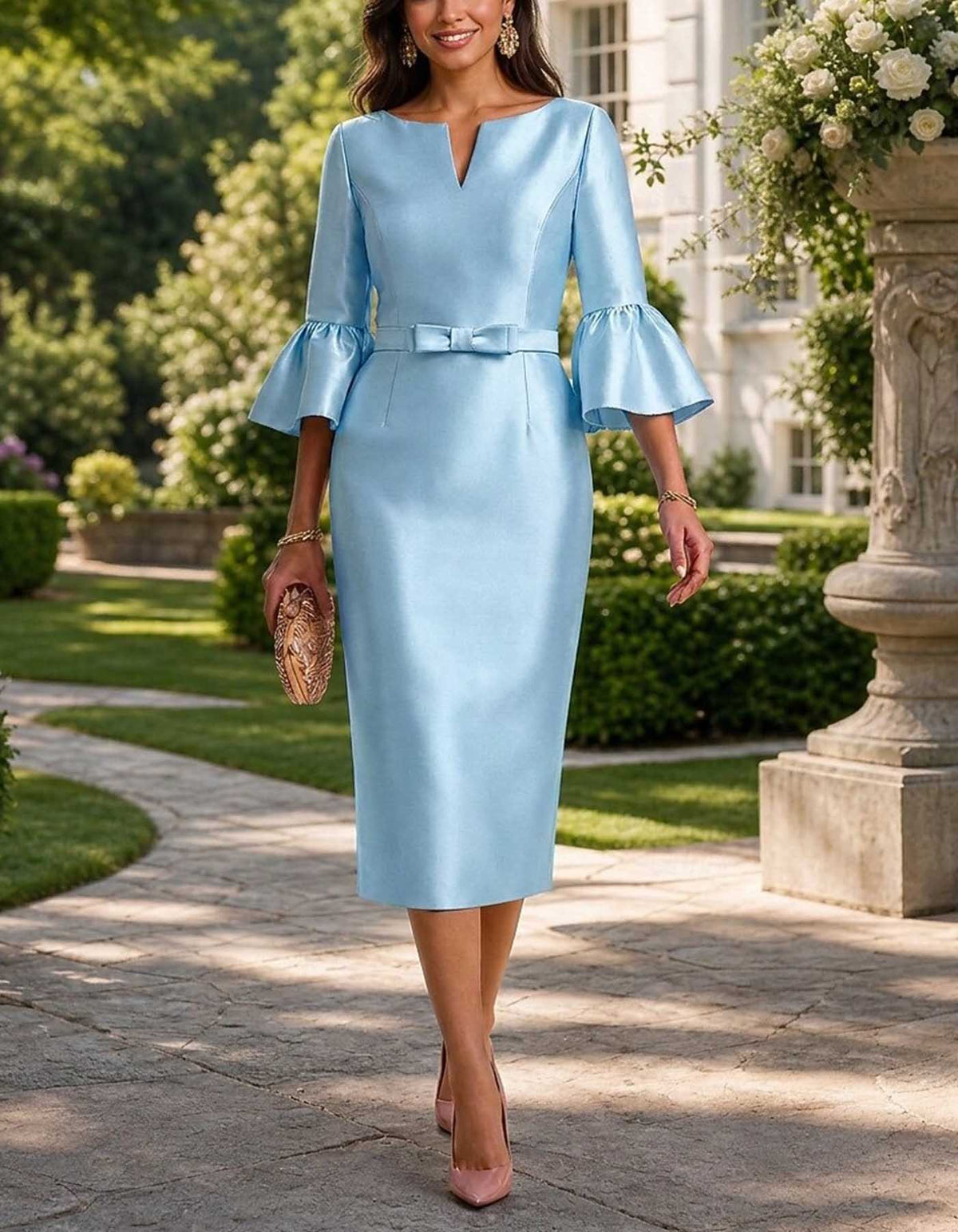 Satin-Midikleid mit Kerbkragen, Glockenärmeln und Schleife in der Taille