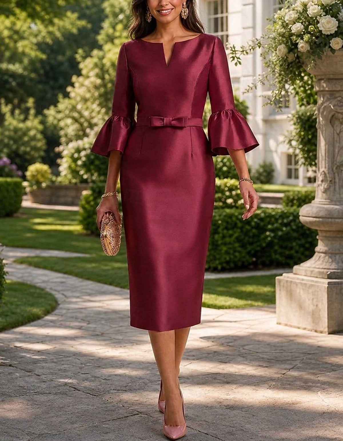 Satin-Midikleid mit Kerbkragen, Glockenärmeln und Schleife in der Taille