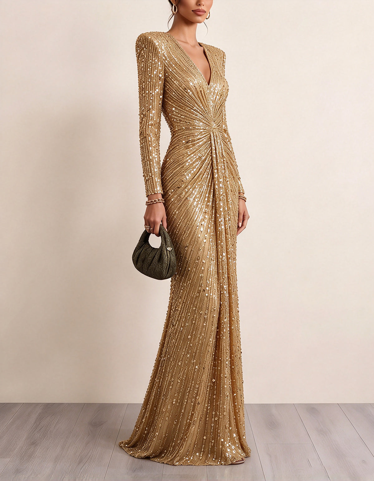 Champagnergoldenes Maxikleid mit tiefem V-Ausschnitt und Perlen und Pailletten