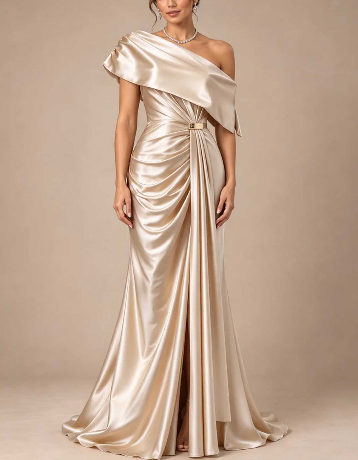 Robe longue en satin à une épaule, froncée, coupe sirène avec fente