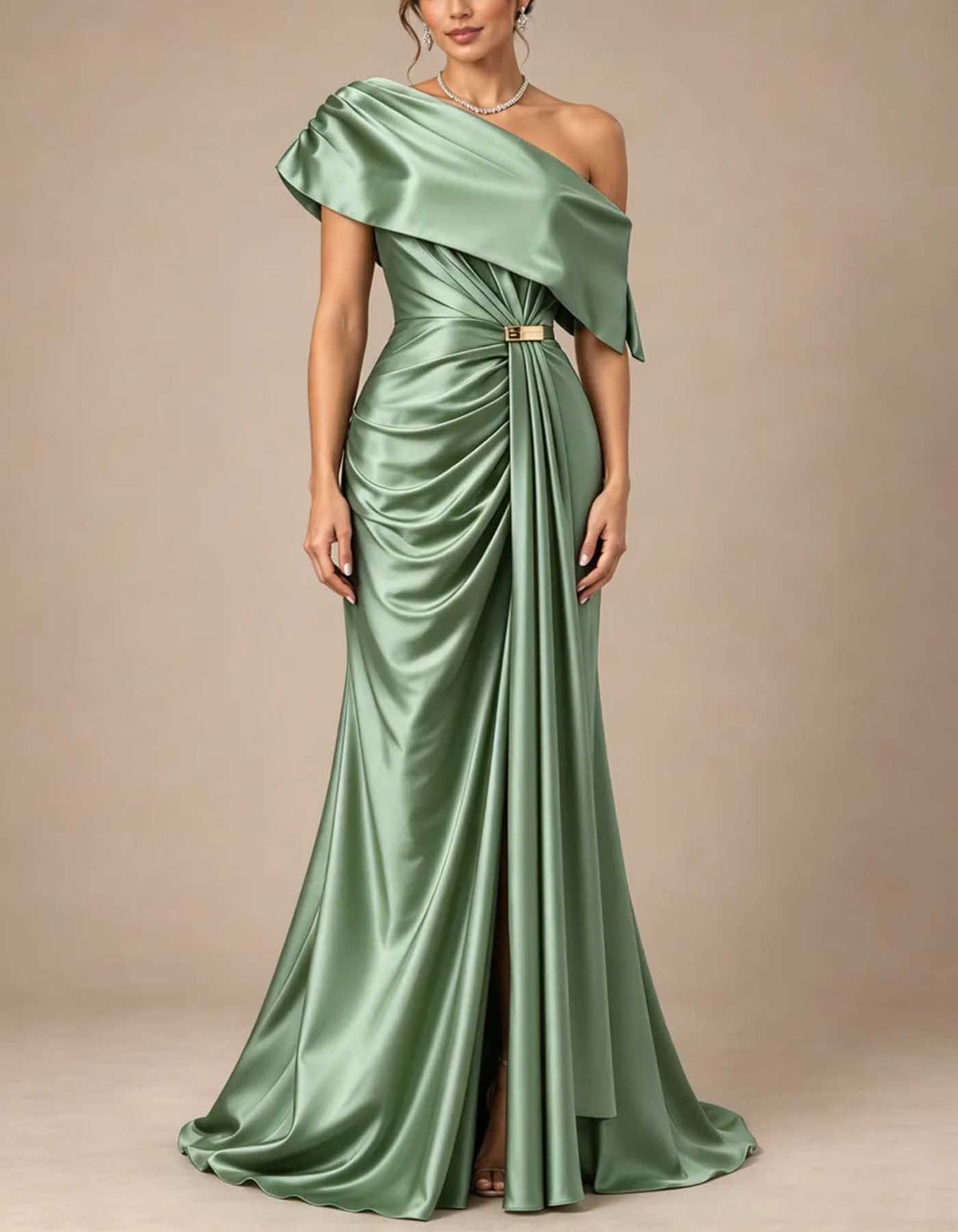 Robe longue en satin à une épaule, froncée, coupe sirène avec fente