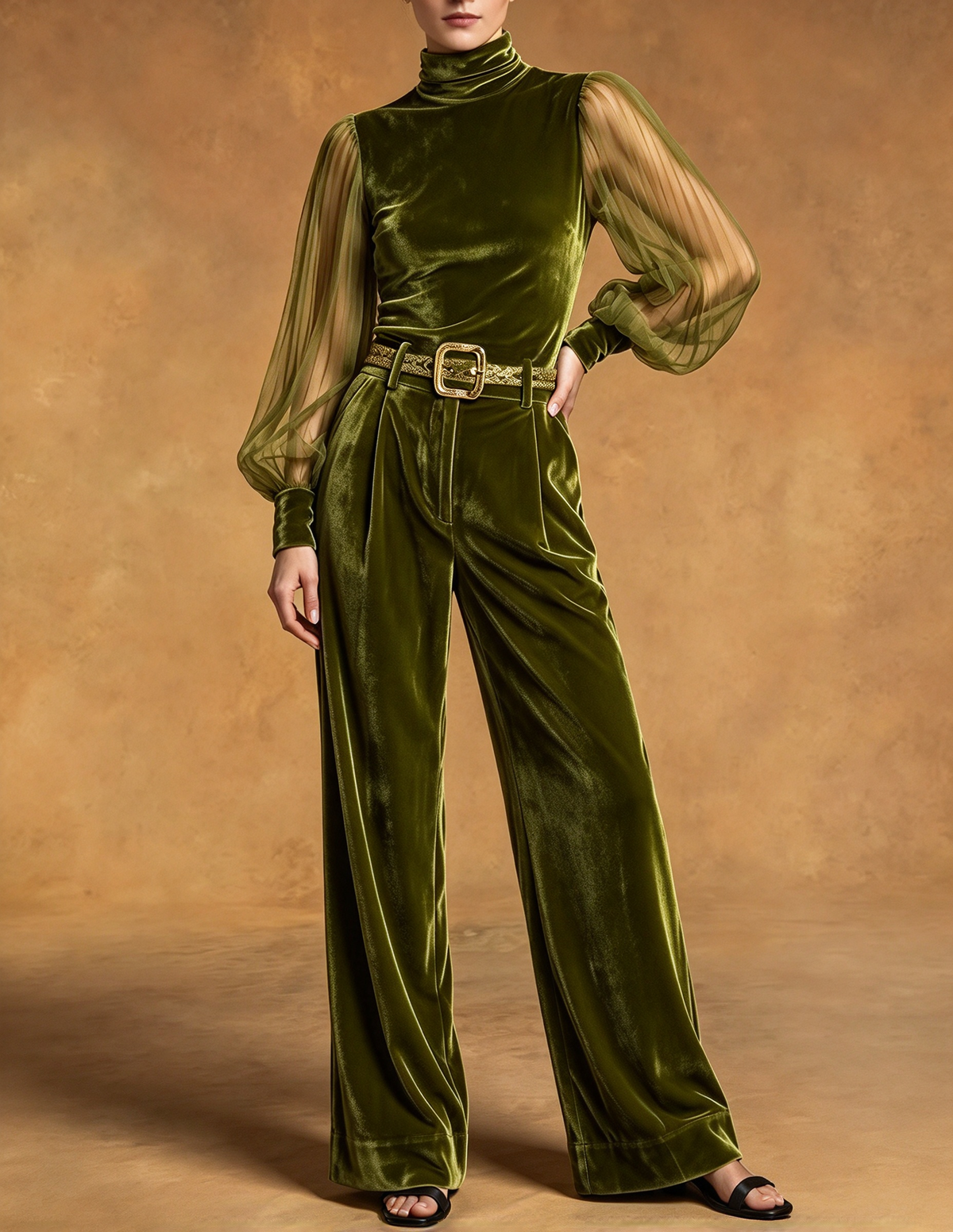 Festjumpsuit med polokrage, chiffongärmar med puff och vida ben