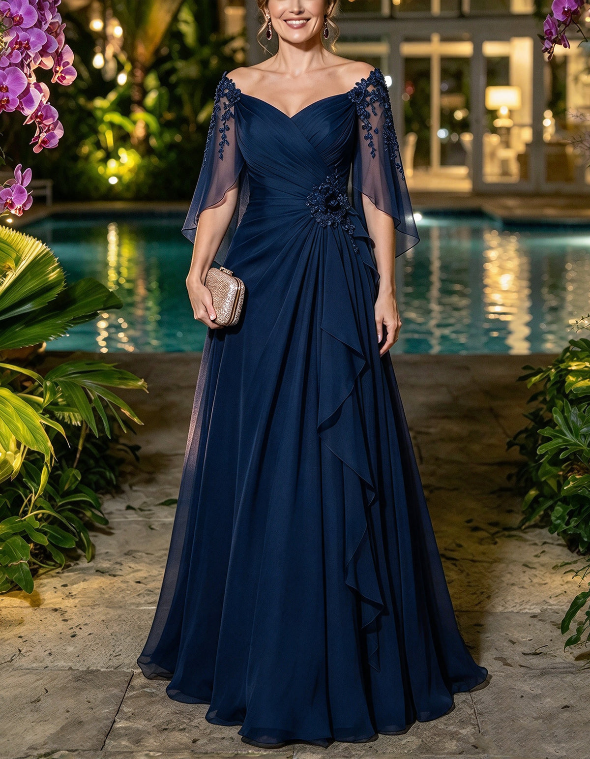 Burgunderrotes Maxikleid aus Chiffon mit schulterfreiem Ausschnitt und flatternden Cape-Ärmeln